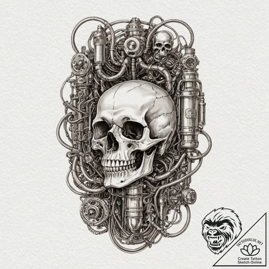 Pneumatic tube transport system, with a skull... - tattoo sketch (№1753412777_0, 25.07.2025 03:06) — tattoovalue.net