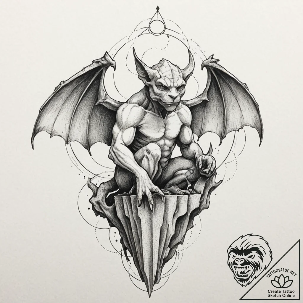 Gargoyle perched on a crumbling cathedral, ar... - tattoo sketch (№1753413595_0, 25.07.2025 03:19) — tattoovalue.net