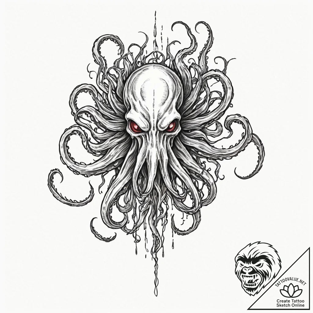 Mind-flayer (illithid) with tentacles wired i... - tattoo sketch (№1753414824_0, 25.07.2025 03:40) — tattoovalue.net