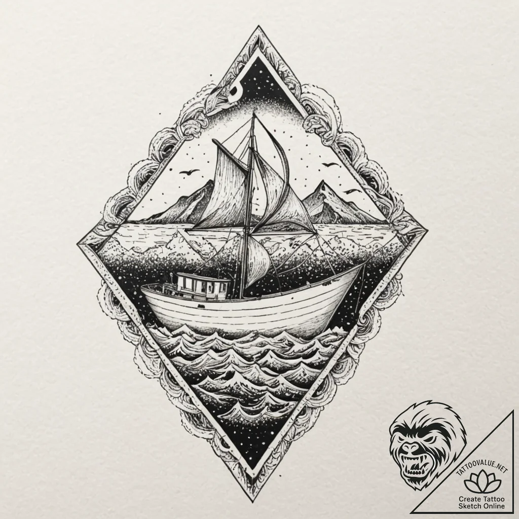 Paper boat sailing on a sea of ink, tattoo sk... - tattoo sketch (№1753415028_0, 25.07.2025 03:43) — tattoovalue.net