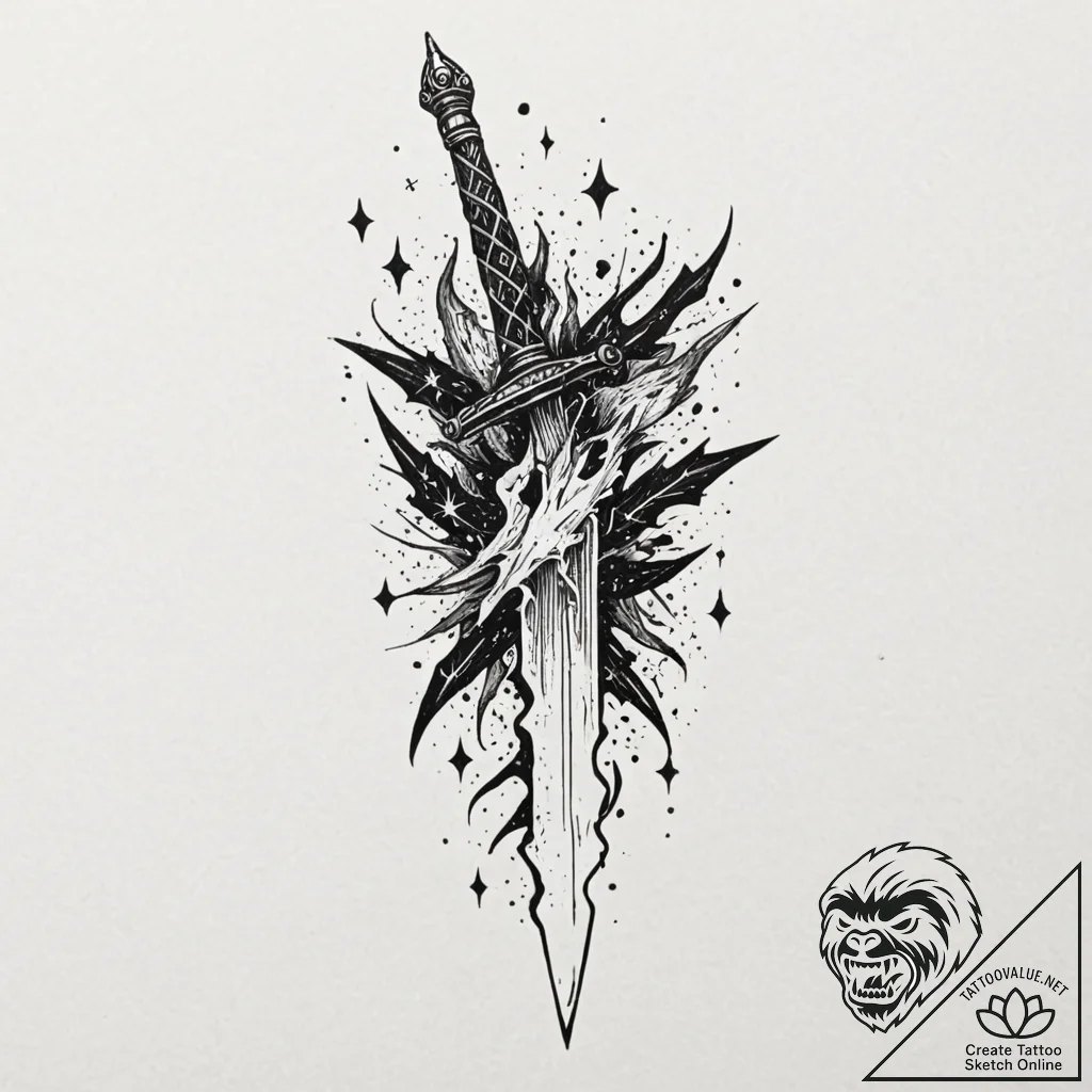 Dagger melting beneath stars, tattoo line art... - tattoo sketch (№1753415233_0, 25.07.2025 03:47) — tattoovalue.net