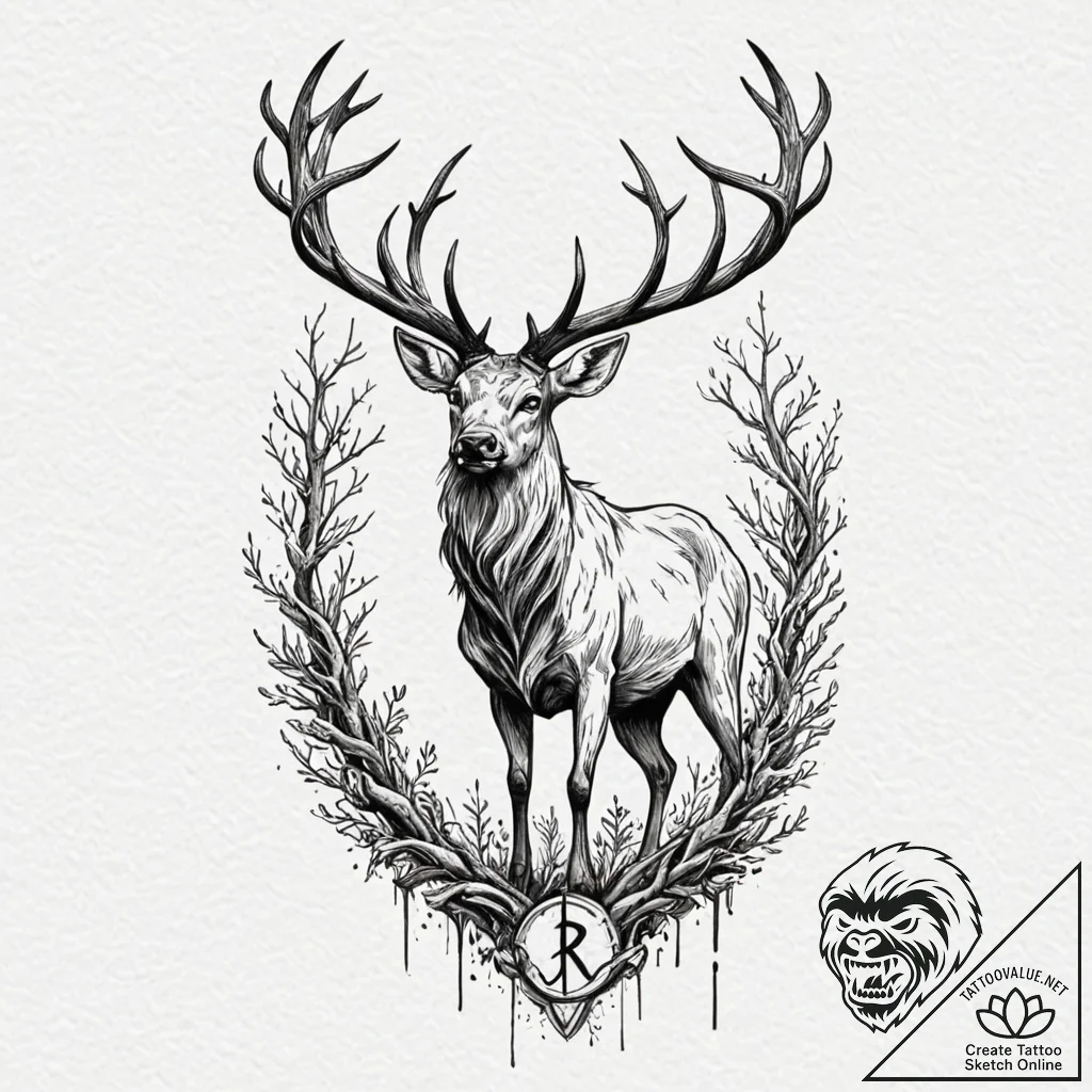 Arcane stag standing in rune fog, ink illustr... - tattoo sketch (№1753417486_0, 25.07.2025 04:24) — tattoovalue.net