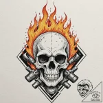 Flaming skull with two pistons crossed behind… – tattoo sketch (№1753417690_0, 25.07.2025 04:28) — tattoovalue.net
