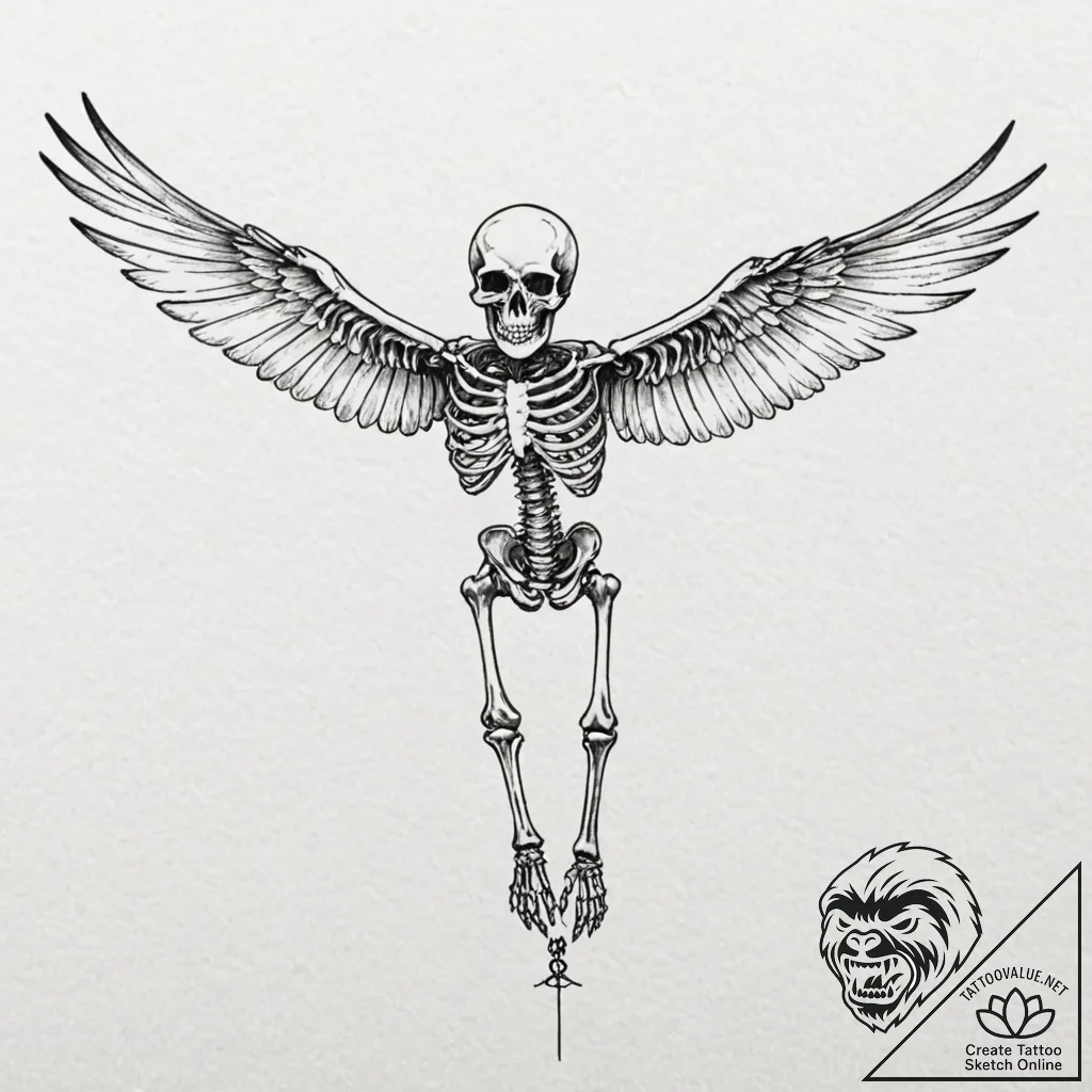 Skeleton of a bird in mid-flight, tattoo flas... - tattoo sketch (№1753417896_0, 25.07.2025 04:31) — tattoovalue.net