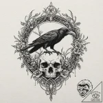 Art nouveau raven perched on skull, tattoo sk… – tattoo sketch (№1753419535_0, 25.07.2025 04:58) — tattoovalue.net