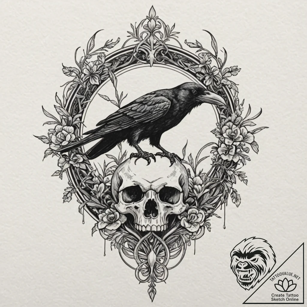 Art nouveau raven perched on skull, tattoo sk... - tattoo sketch (№1753419535_0, 25.07.2025 04:58) — tattoovalue.net