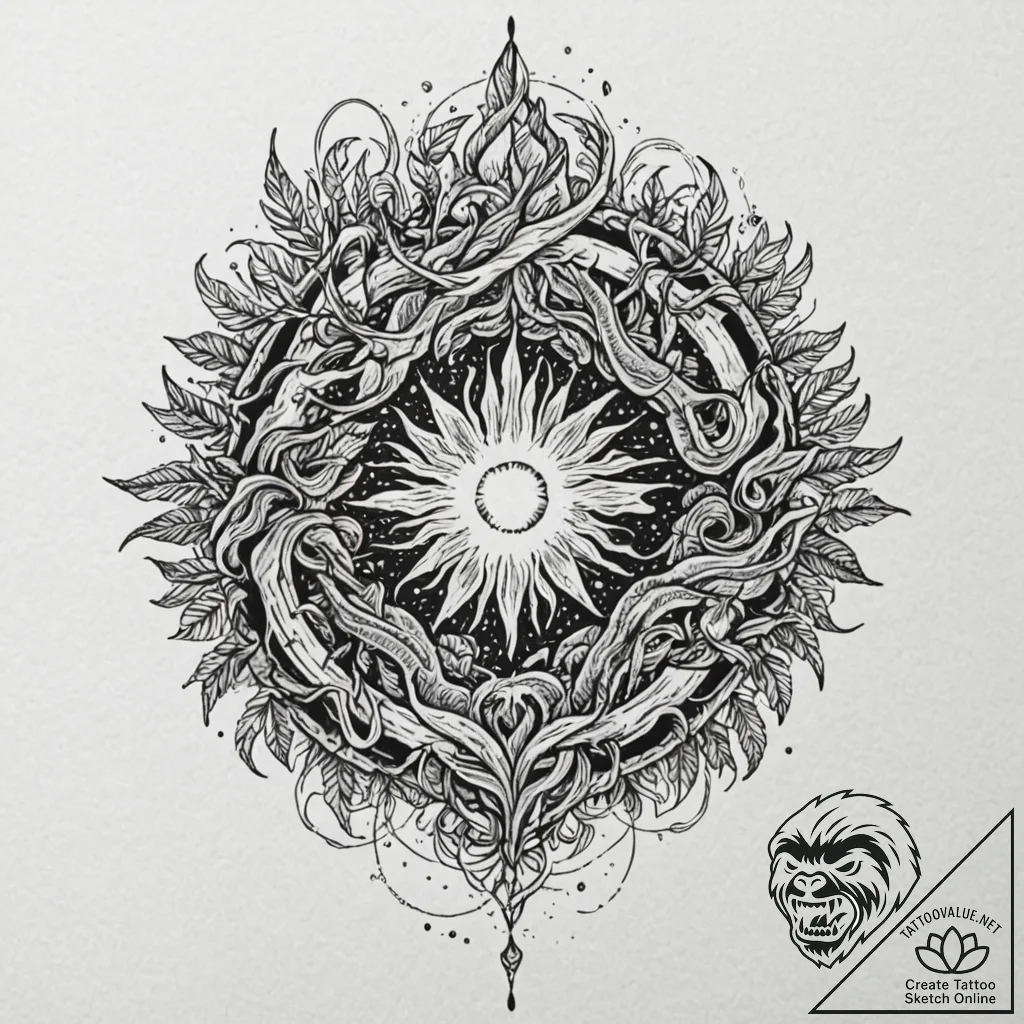 Jungle relic devouring celestial flame, ink i... - tattoo sketch (№1753419944_0, 25.07.2025 05:05) — tattoovalue.net