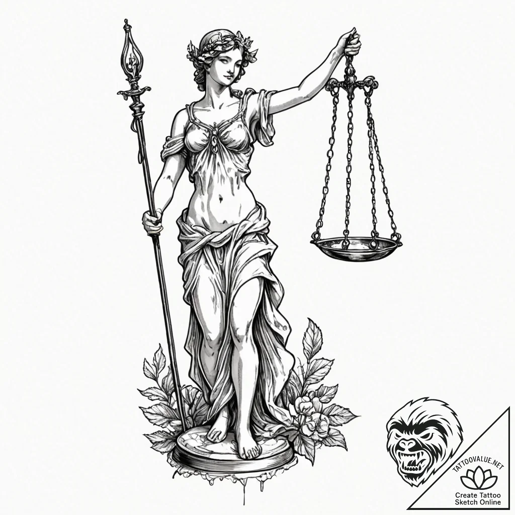 Themis (lady justice) with a broken scale, co... - tattoo sketch (№1753420354_0, 25.07.2025 05:12) — tattoovalue.net