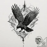 Ashen crow flying through storm, ink illustra… – tattoo sketch (№1753420560_0, 25.07.2025 05:16) — tattoovalue.net