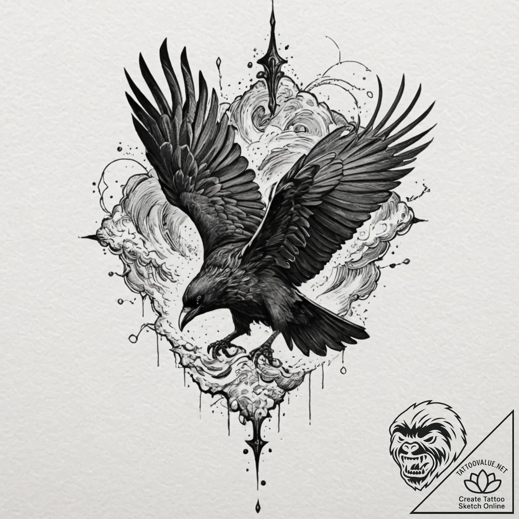 Ashen crow flying through storm, ink illustra... - tattoo sketch (№1753420560_0, 25.07.2025 05:16) — tattoovalue.net