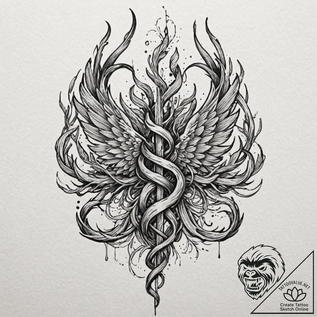 Phoenix horn entwined with roots, tattoo line... - tattoo sketch (№1753421377_0, 25.07.2025 05:29) — tattoovalue.net