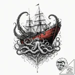 Abyssal kraken pulling ship underwater, ink i… – tattoo sketch (№1753421990_0, 25.07.2025 05:39) — tattoovalue.net
