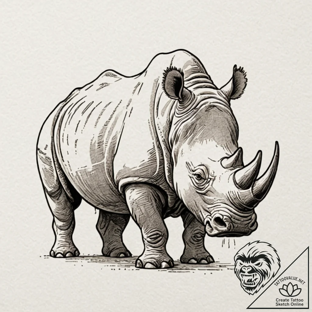 Rhinoceros, ink illustration for tattoo, on a... - tattoo sketch (№1753423631_0, 25.07.2025 06:07) — tattoovalue.net