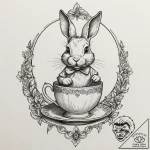 A whimsical bunny rabbit sipping tea in a tin… – tattoo sketch (№1753424451_0, 25.07.2025 06:20) — tattoovalue.net