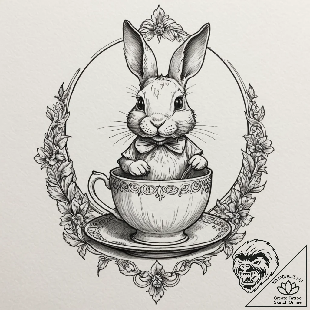 A whimsical bunny rabbit sipping tea in a tin... - tattoo sketch (№1753424451_0, 25.07.2025 06:20) — tattoovalue.net