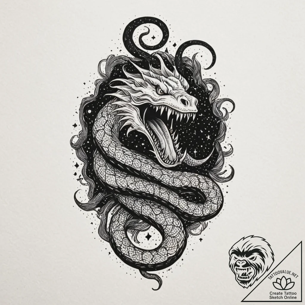 Shadow serpent devouring stars, artistic tatt... - tattoo sketch (№1753424860_0, 25.07.2025 06:27) — tattoovalue.net