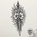 Dagger within thorned bloom, ink illustration… – tattoo sketch (№1753425065_0, 25.07.2025 06:31) — tattoovalue.net