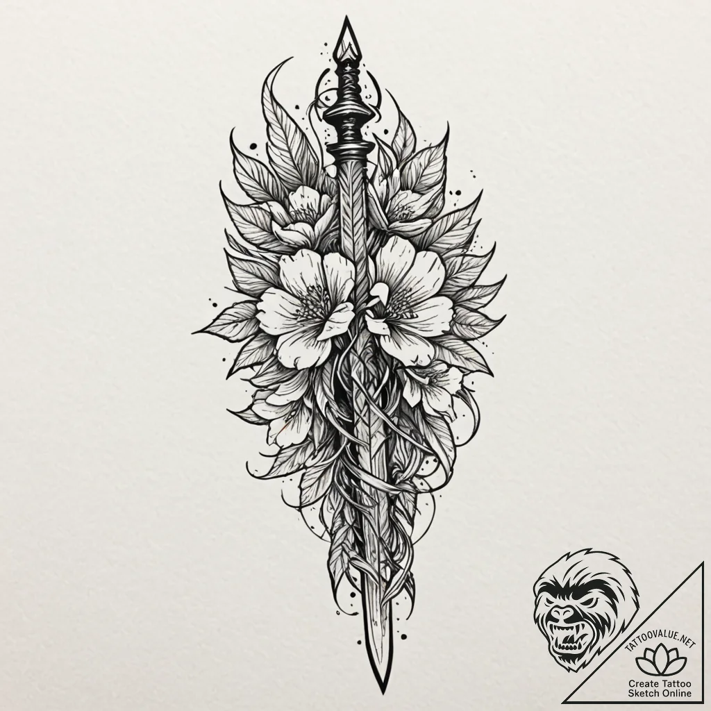 Dagger within thorned bloom, ink illustration... - tattoo sketch (№1753425065_0, 25.07.2025 06:31) — tattoovalue.net