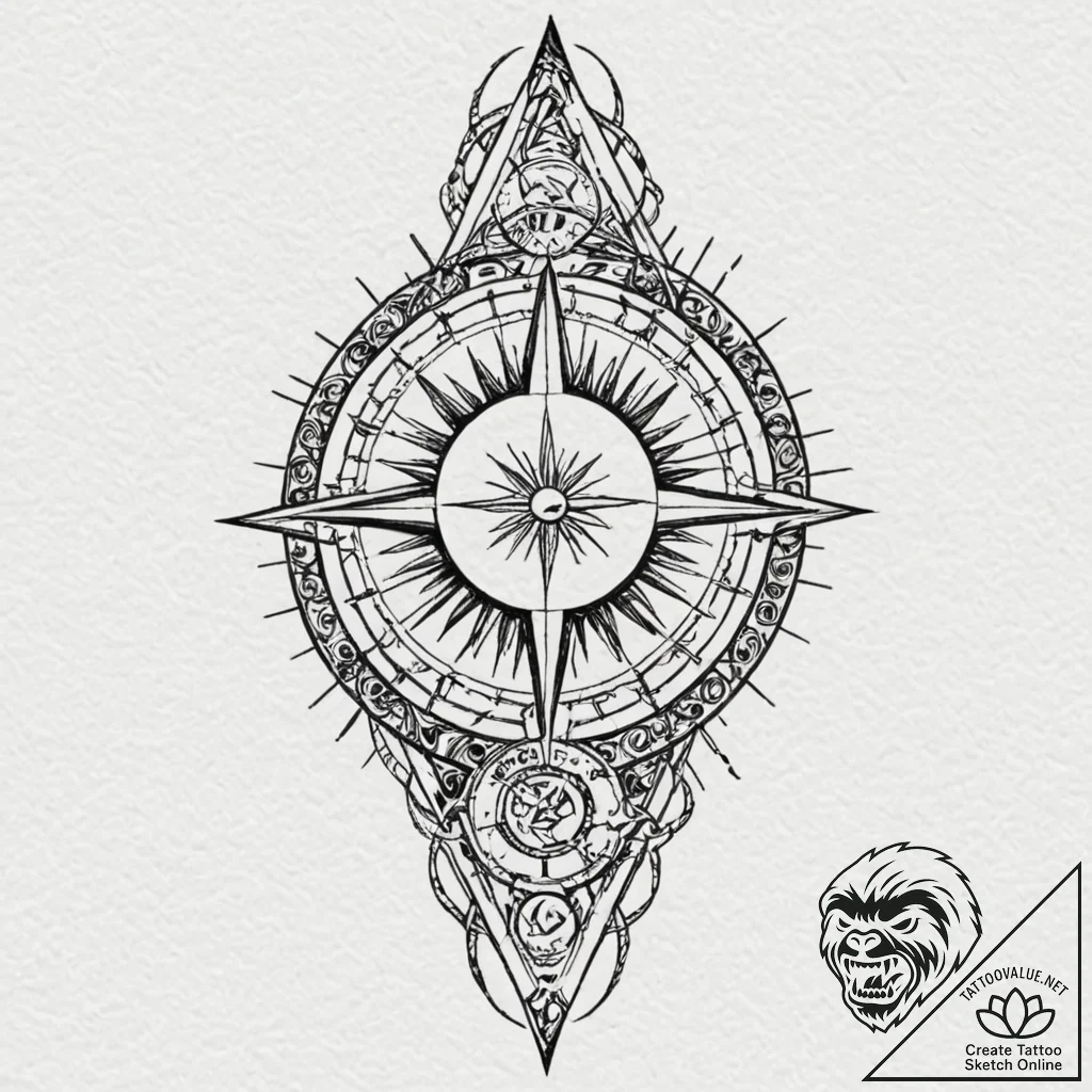 Sun sigil beneath shattered spire, concept ar... - tattoo sketch (№1753425680_0, 25.07.2025 06:41) — tattoovalue.net