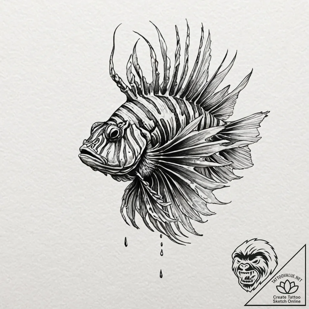 Lionfish with spines of sharp obsidian, conce... - tattoo sketch (№1753426294_0, 25.07.2025 06:51) — tattoovalue.net