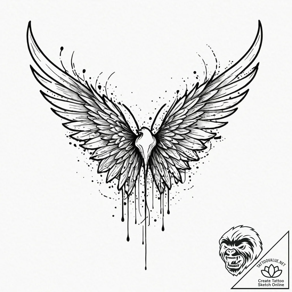 Animated wings torn and bleeding, tattoo line... - tattoo sketch (№1753427112_0, 25.07.2025 07:05) — tattoovalue.net