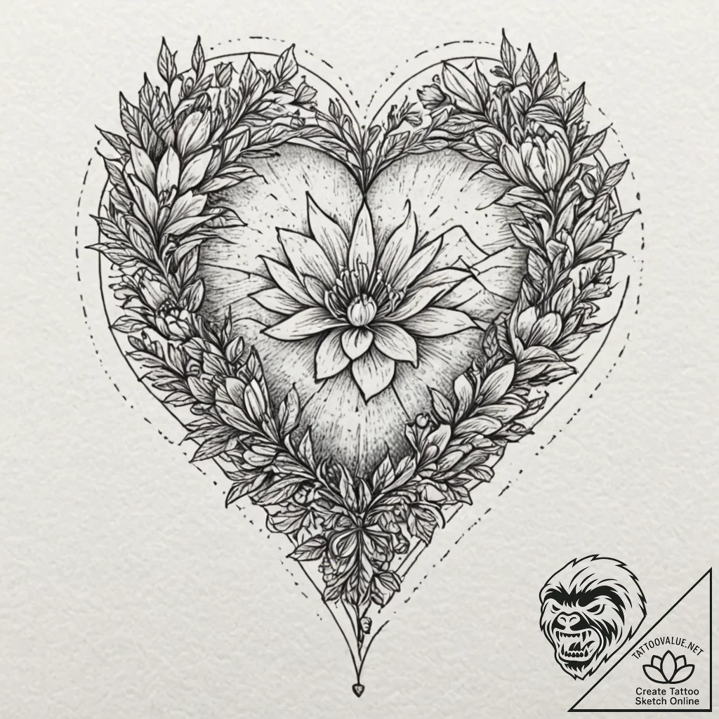Runestone heart beneath spectral bloom, ink i... - tattoo sketch (№1753427523_0, 25.07.2025 07:12) — tattoovalue.net