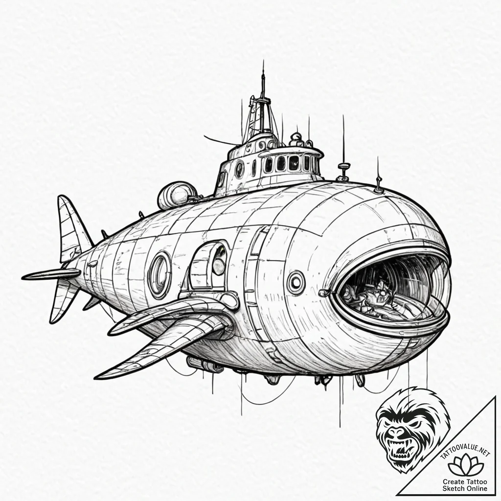 Deep-sea submersible discovering a colossal,... - tattoo sketch (№1753427931_0, 25.07.2025 07:18) — tattoovalue.net