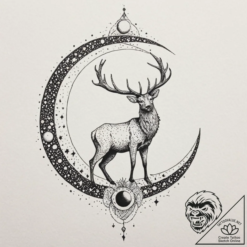 Astral stag standing on moon, artistic tattoo... - tattoo sketch (№1753429211_0, 25.07.2025 07:40) — tattoovalue.net