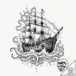 Abyssal kraken pulling ship underwater, tatto… – tattoo sketch (№1753429626_0, 25.07.2025 07:47) — tattoovalue.net