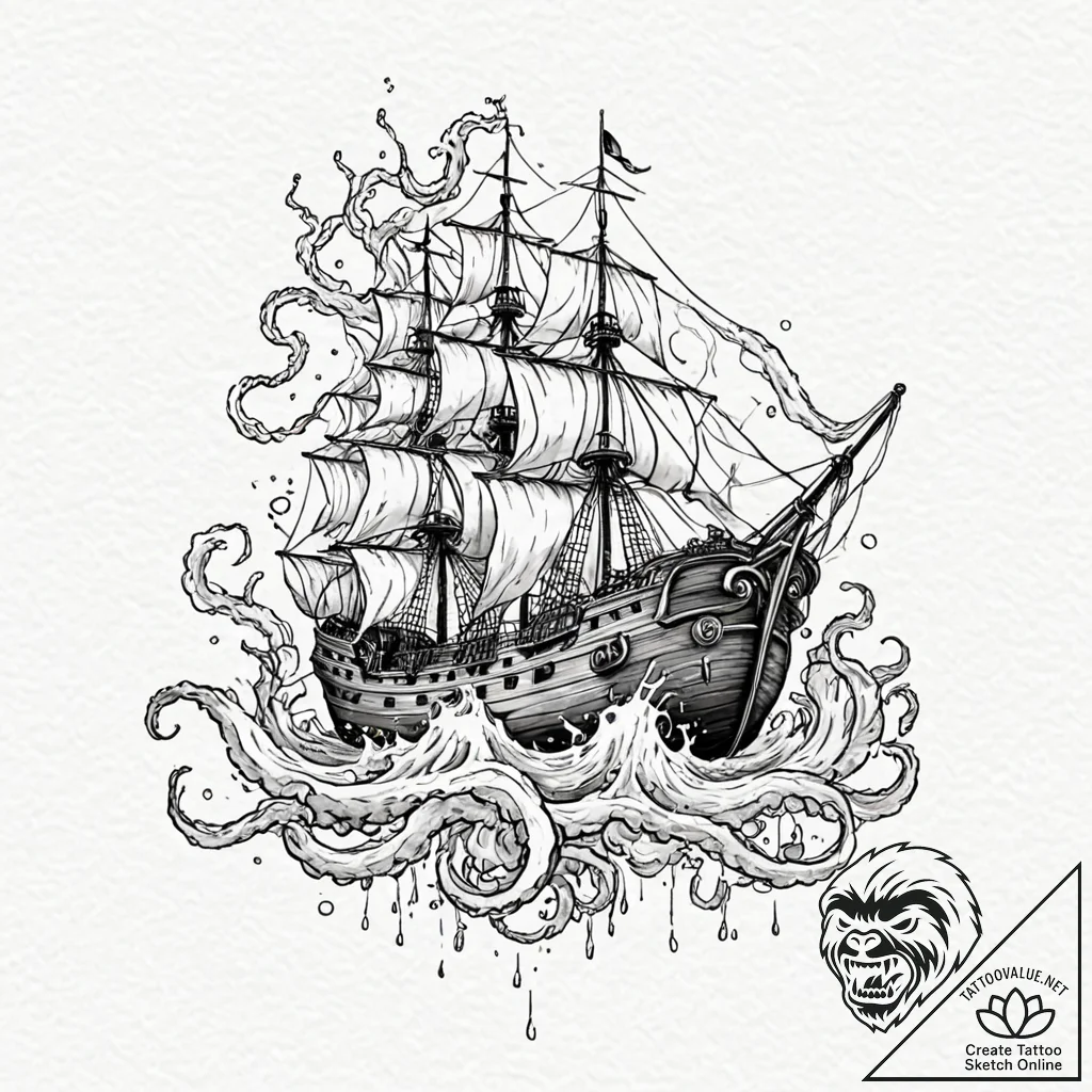 Abyssal kraken pulling ship underwater, tatto... - tattoo sketch (№1753429626_0, 25.07.2025 07:47) — tattoovalue.net