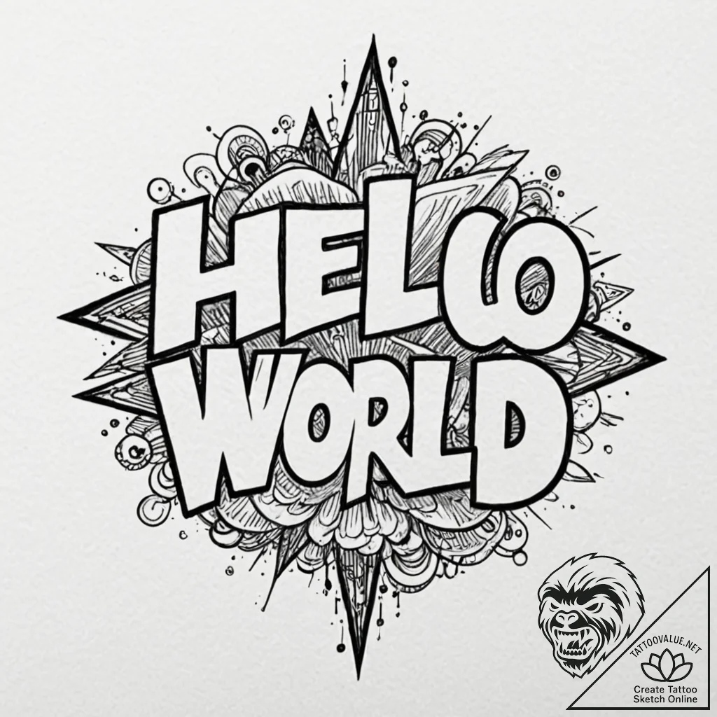 A "hello world" in code font, tattoo line art... - tattoo sketch (№1753430042_0, 25.07.2025 07:54) — tattoovalue.net