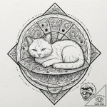 Cat sleeping inside an empty pizza box, tatto… – tattoo sketch (№1753431859_0, 25.07.2025 08:24) — tattoovalue.net