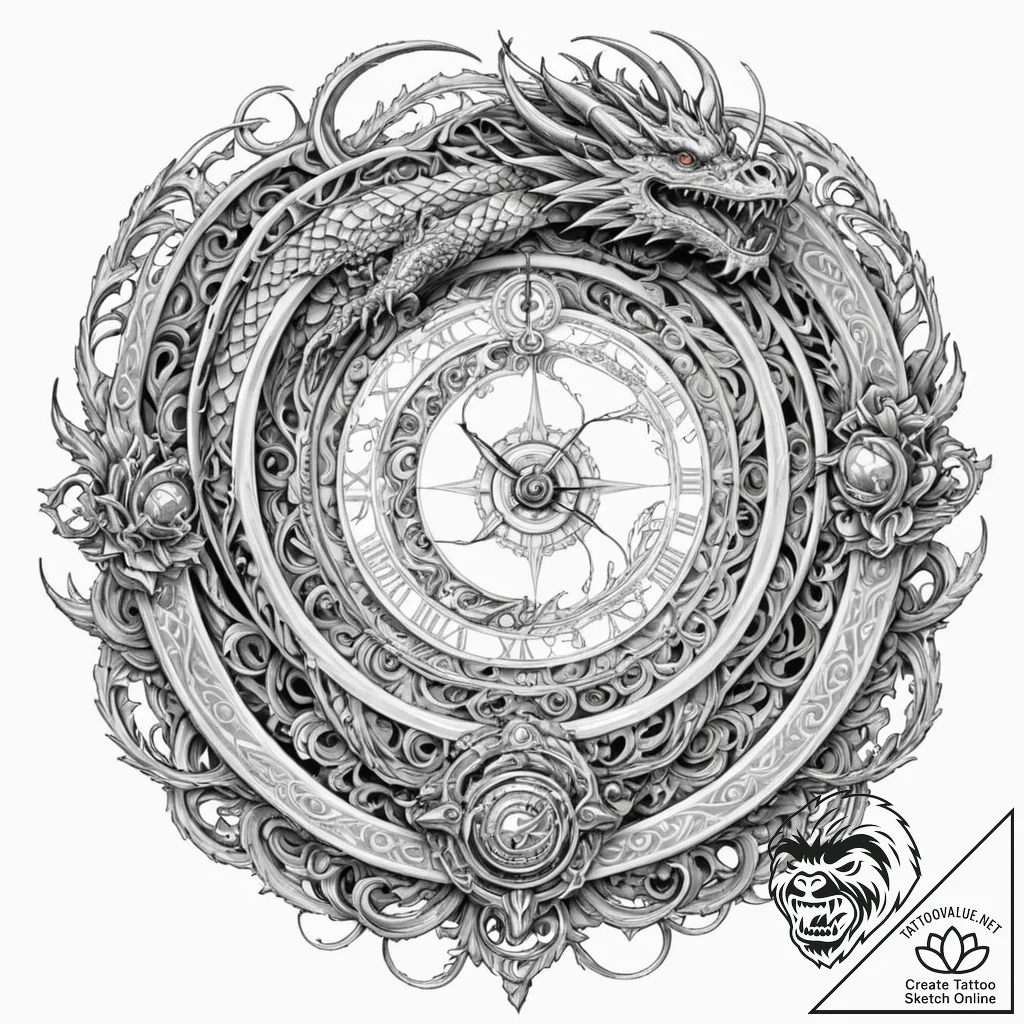 Dragon coils through timepiece, concept art f... - tattoo sketch (№1753433659_0, 25.07.2025 08:54) — tattoovalue.net
