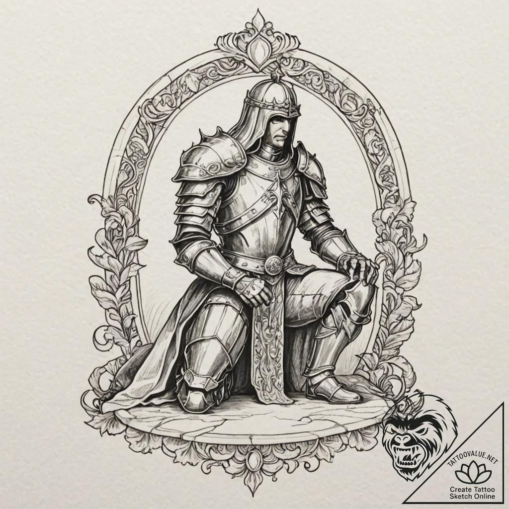 Empty armor kneeling before a ghostly king, t... - tattoo sketch (№1753433858_0, 25.07.2025 08:57) — tattoovalue.net
