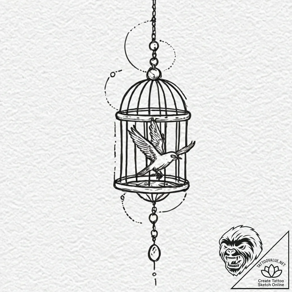 A whimsical bird flying from an open cage, li... - tattoo sketch (№1753437186_0, 25.07.2025 09:53) — tattoovalue.net