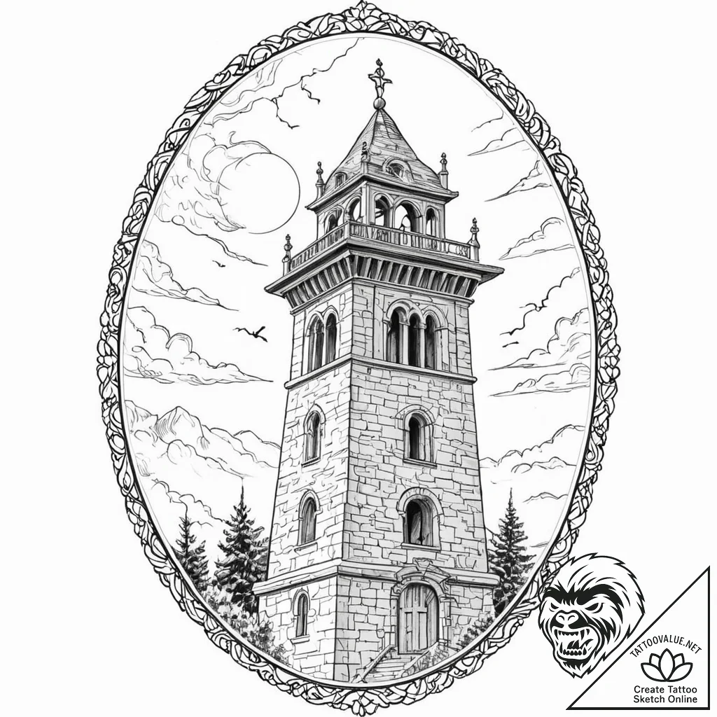 A classic bell tower against a sky, architect... - tattoo sketch (№1753437397_0, 25.07.2025 09:56) — tattoovalue.net