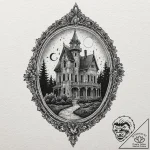 Haunted mansion silhouette on a locket, tatto… – tattoo sketch (№1753437815_0, 25.07.2025 10:03) — tattoovalue.net