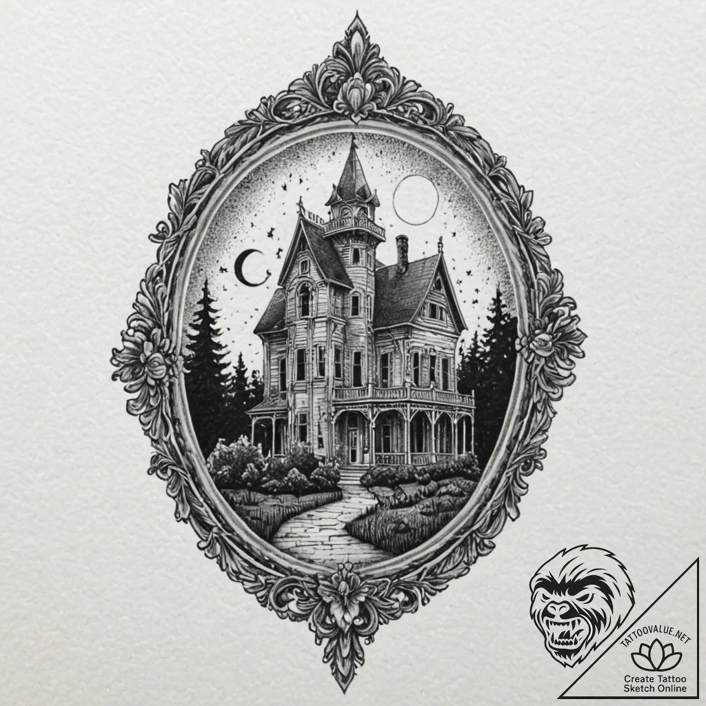 Haunted mansion silhouette on a locket, tatto... - tattoo sketch (№1753437815_0, 25.07.2025 10:03) — tattoovalue.net