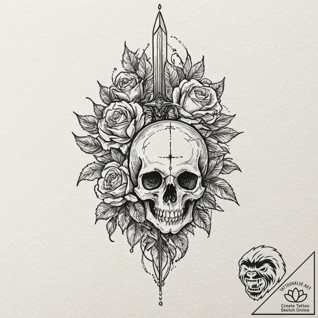 Leaf-shaped dagger through bloom, artistic ta... - tattoo sketch (№1753438438_0, 25.07.2025 10:13) — tattoovalue.net