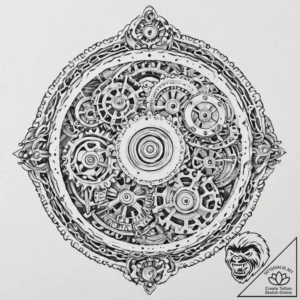 Clockwork orange with exposed, whirring gears... - tattoo sketch (№1753442569_0, 25.07.2025 11:22) — tattoovalue.net