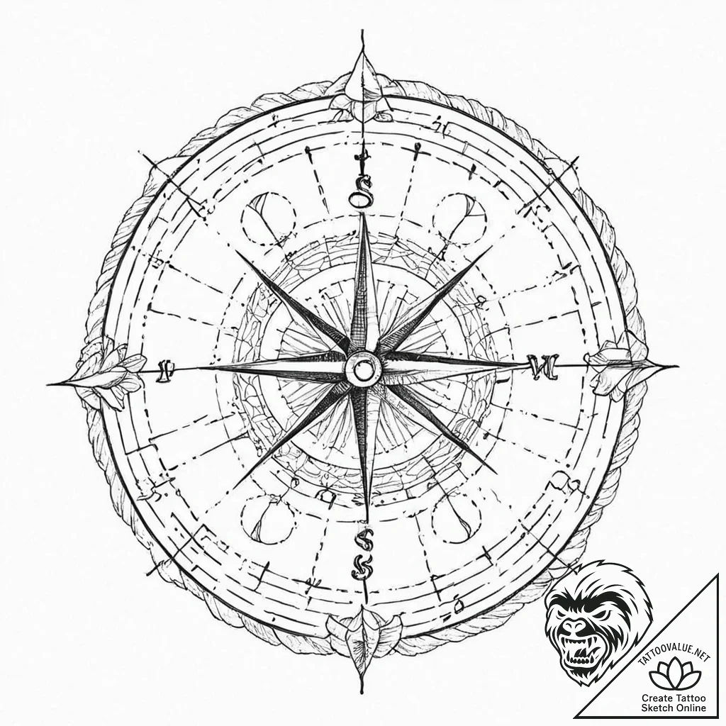 Navigator's chart with rhumb lines and coasta... - tattoo sketch (№1753443394_0, 25.07.2025 11:36) — tattoovalue.net
