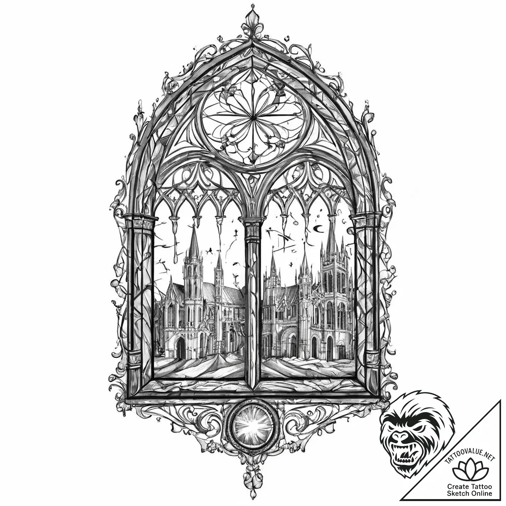 Gothic cathedral window showing a view of dee... - tattoo sketch (№1753443676_0, 25.07.2025 11:41) — tattoovalue.net