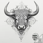 A powerful bull head with elaborate horns, sy… – tattoo sketch (№1753443991_0, 25.07.2025 11:46) — tattoovalue.net