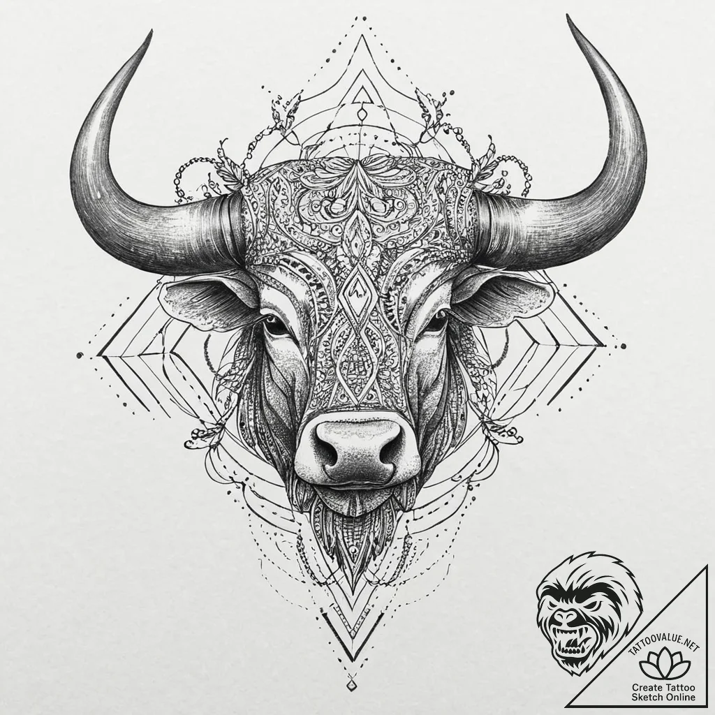 A powerful bull head with elaborate horns, sy... - tattoo sketch (№1753443991_0, 25.07.2025 11:46) — tattoovalue.net