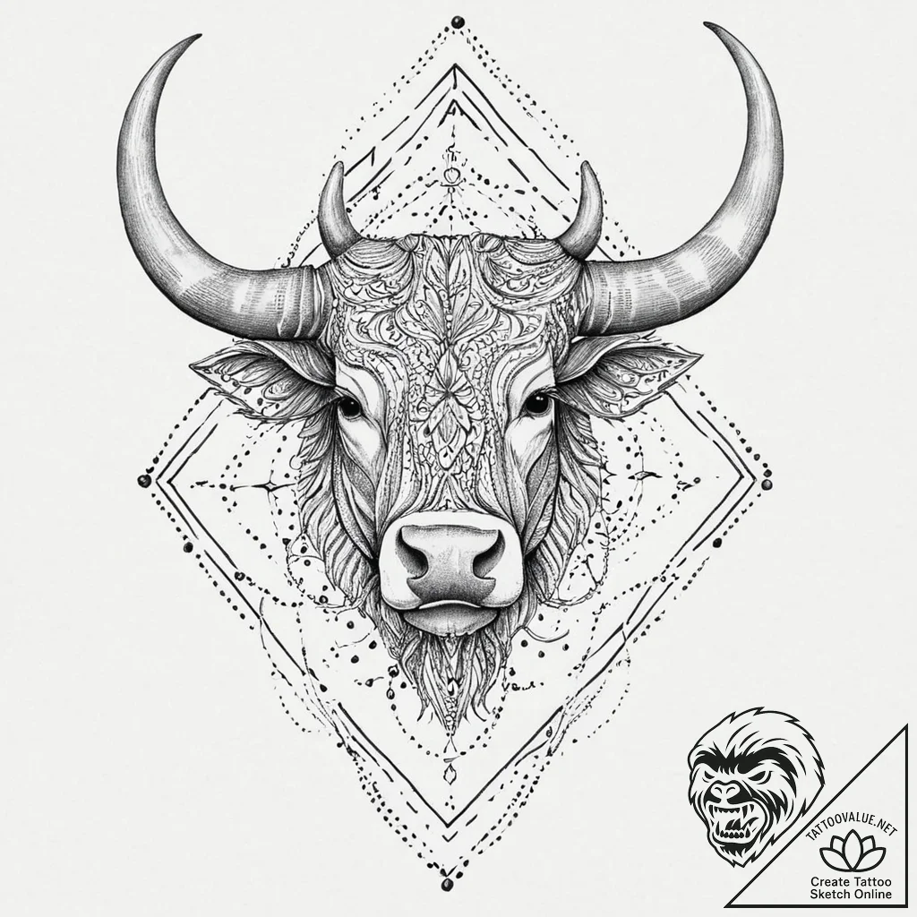 A powerful bull head with elaborate horns, sy... - tattoo sketch (№1753444066_0, 25.07.2025 11:47) — tattoovalue.net