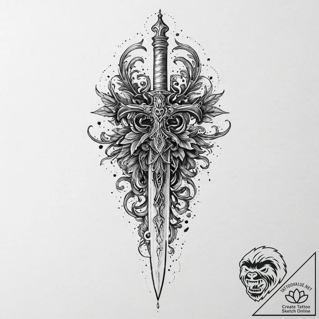 Dagger in blood-soaked scroll, concept art fo... - tattoo sketch (№1753445338_0, 25.07.2025 12:08) — tattoovalue.net