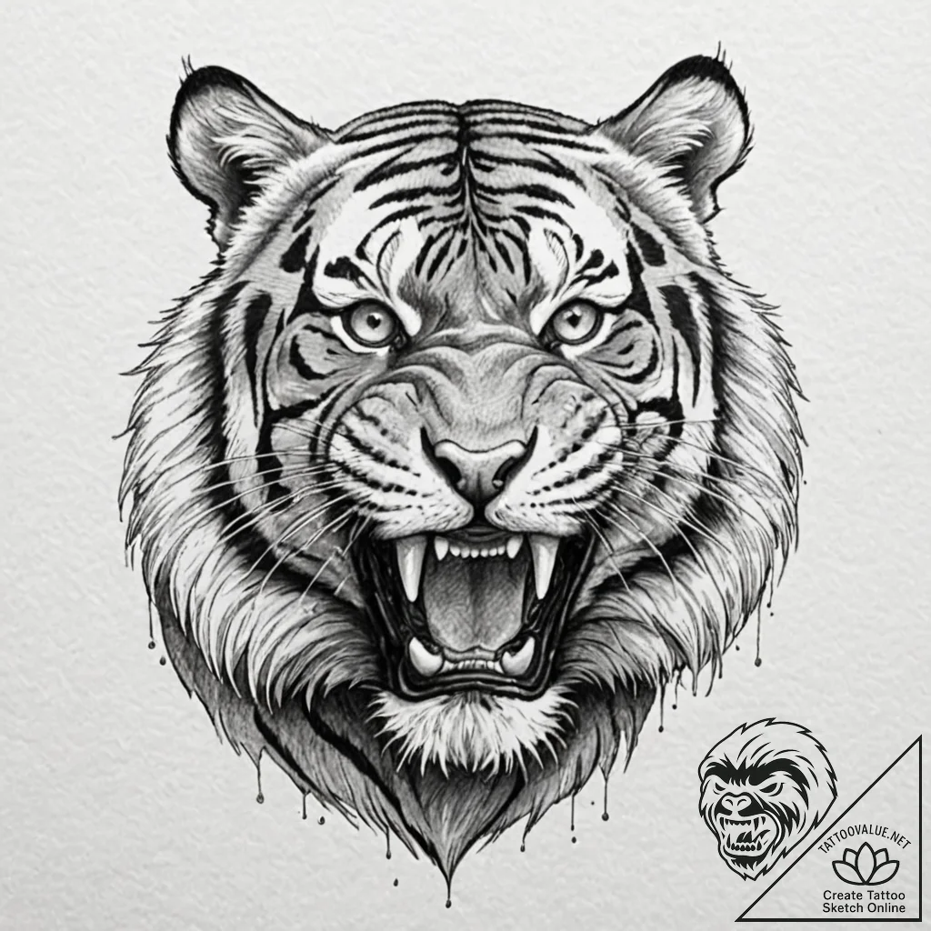 Tiger, snarling, with stripes that are actual... - tattoo sketch (№1753446144_0, 25.07.2025 12:22) — tattoovalue.net
