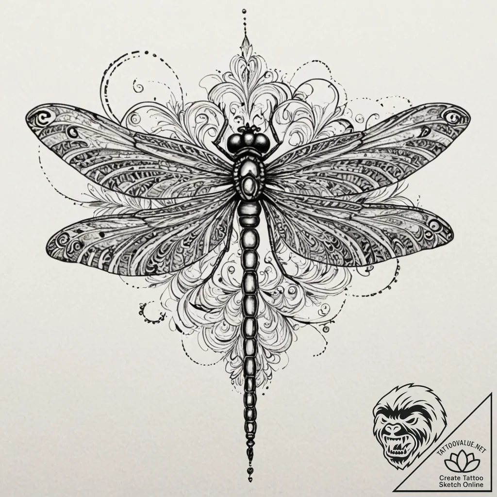 Dragonfly with intricate, filigree metal wing... - tattoo sketch (№1753446737_0, 25.07.2025 12:32) — tattoovalue.net