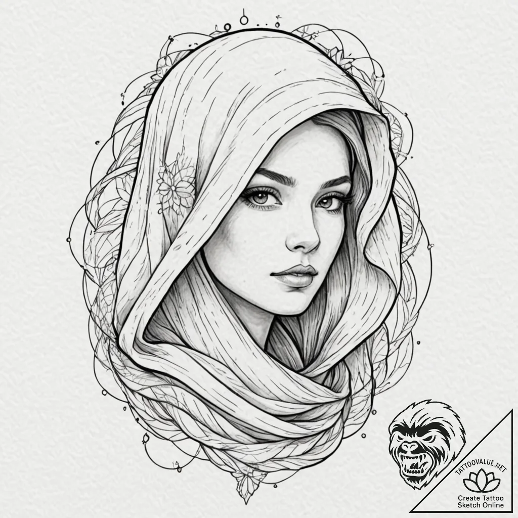 Veiled woman's face, with stars visible throu... - tattoo sketch (№1753447911_0, 25.07.2025 12:51) — tattoovalue.net