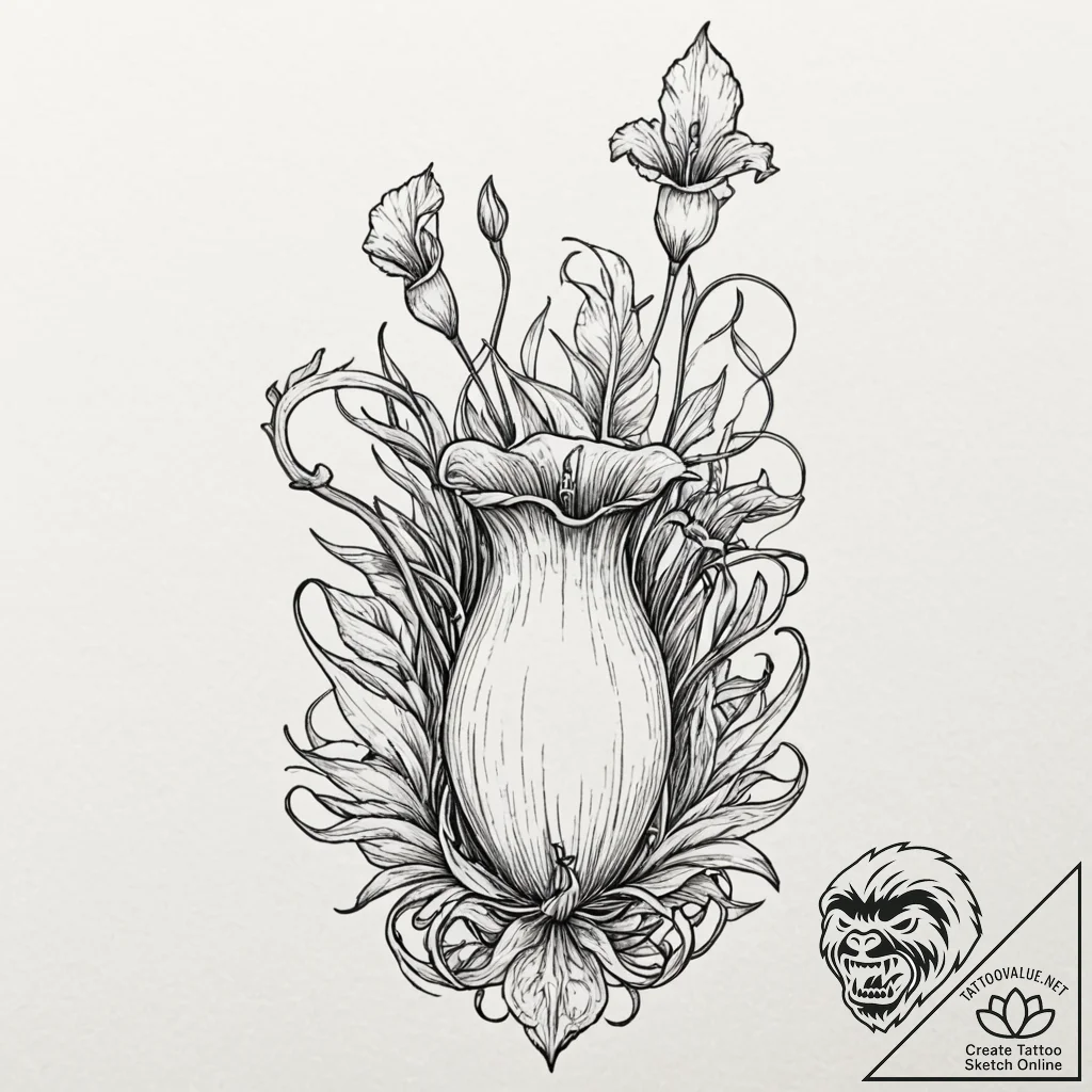 Pitcher plant luring in a curious fairy, tatt... - tattoo sketch (№1753452769_0, 25.07.2025 14:12) — tattoovalue.net